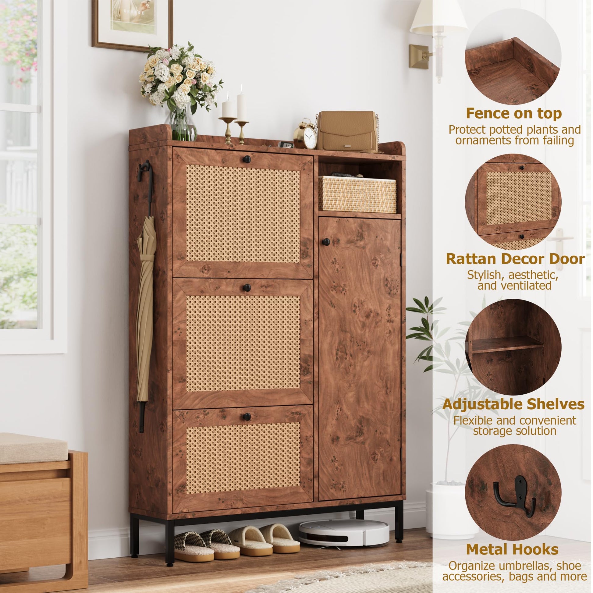 Meuble à chaussures Garvee en rotin avec 3 tiroirs pliants, étagères réglables pour entrée et couloir, pieds en métal et MDF