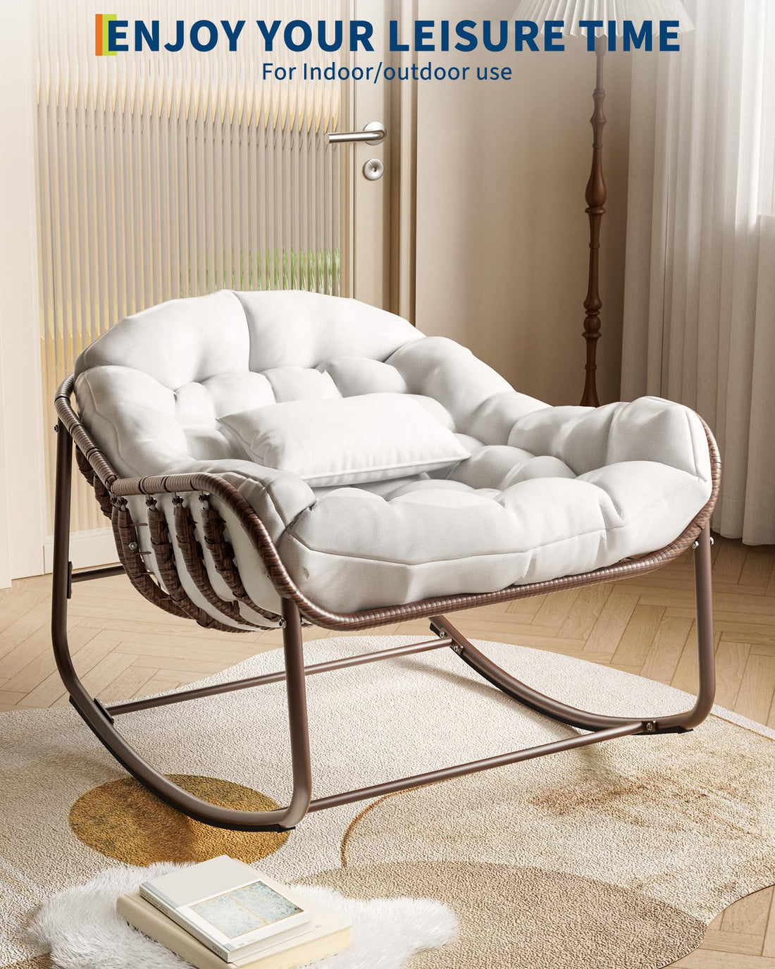 Garvee Fauteuil œuf à bascule intérieur extérieur, rotin effet naturel, format oversize, coussin rembourré en oléfine résistante, jardin et porche