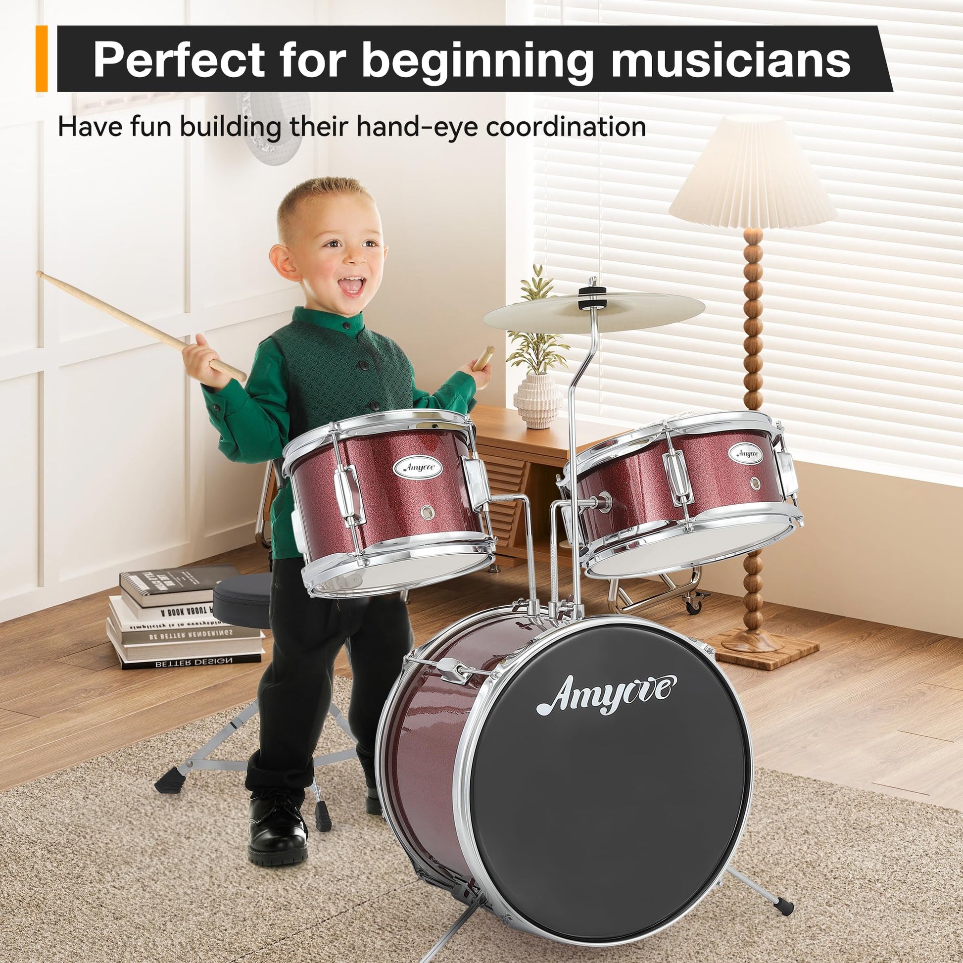 Batterie Garvee 3 pièces pour débutants avec cymbales et pédale de grosse caisse, pour chambre d'enfant, 74 cm (29 pouces), rouge