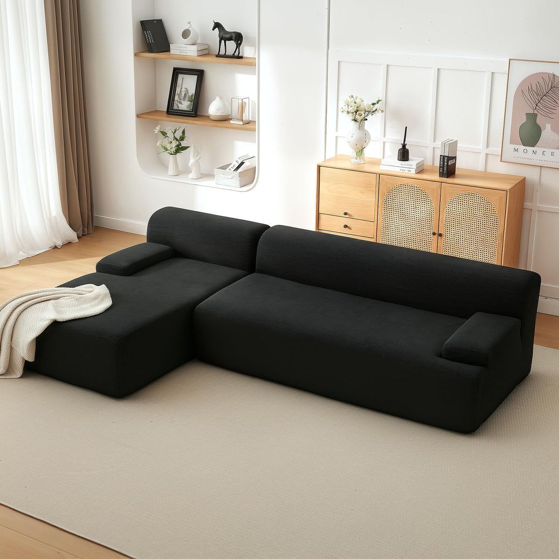 Canapé d'angle Garvee Cloud 108" avec méridienne - Canapé ultra moelleux sans dossier, velours côtelé ultra doux, canapé en L, confortable, noir, salon