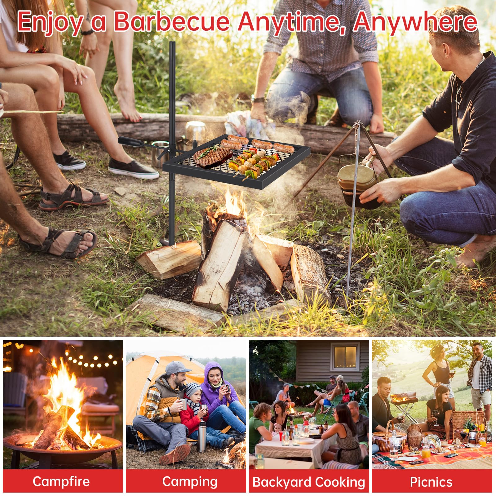 Garvee Gril de camp rotatif 42,4 × 32 cm, acier robuste, rotation 360° et hauteur réglable, barbecue portable pour pique-nique, jardin et camping, noir