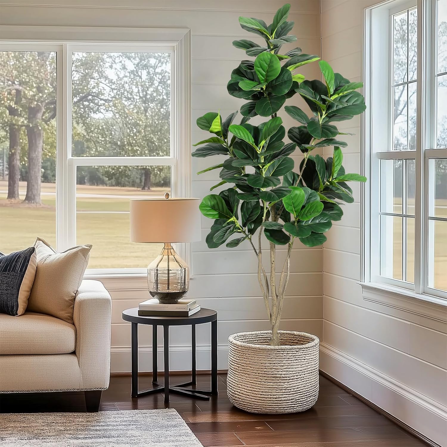 Garvee Figuier artificiel 183 cm avec pot blanc, branches ajustables et feuilles réalistes, arbre décoratif stable pour maison et bureau