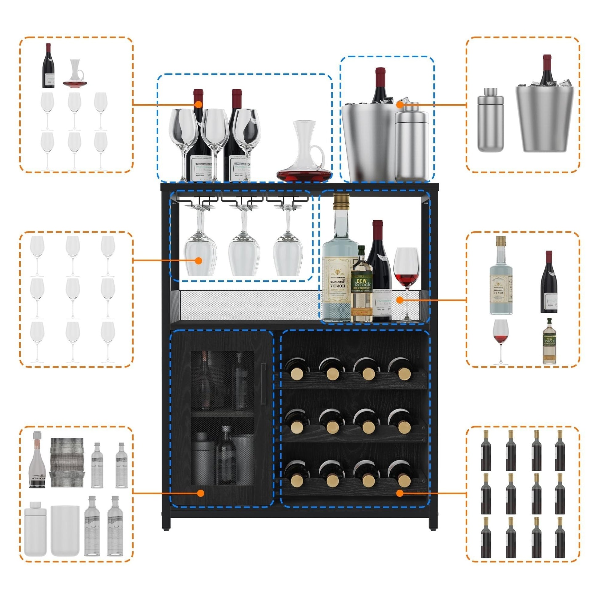 Garvee Meuble bar à vin à 3 niveaux avec casier à bouteilles amovible et porte-verres pour cuisine et bar, 69 cm (L)×35 cm (P)×92 cm (H)