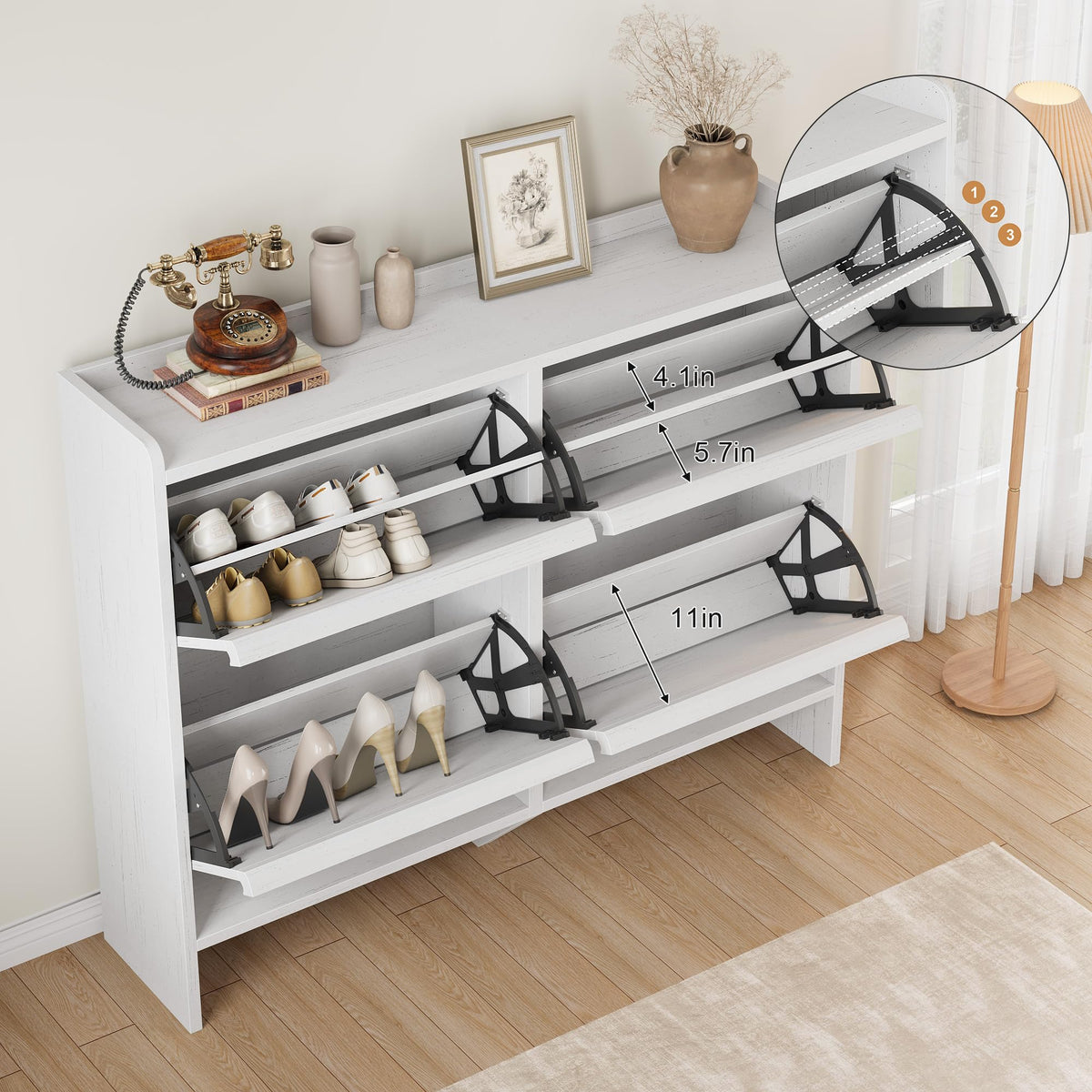Garvee Meuble à chaussures 4 tiroirs abattants, MDF blanc, 120 × 26 × 93 cm, étagères réglables pour entrée et salon