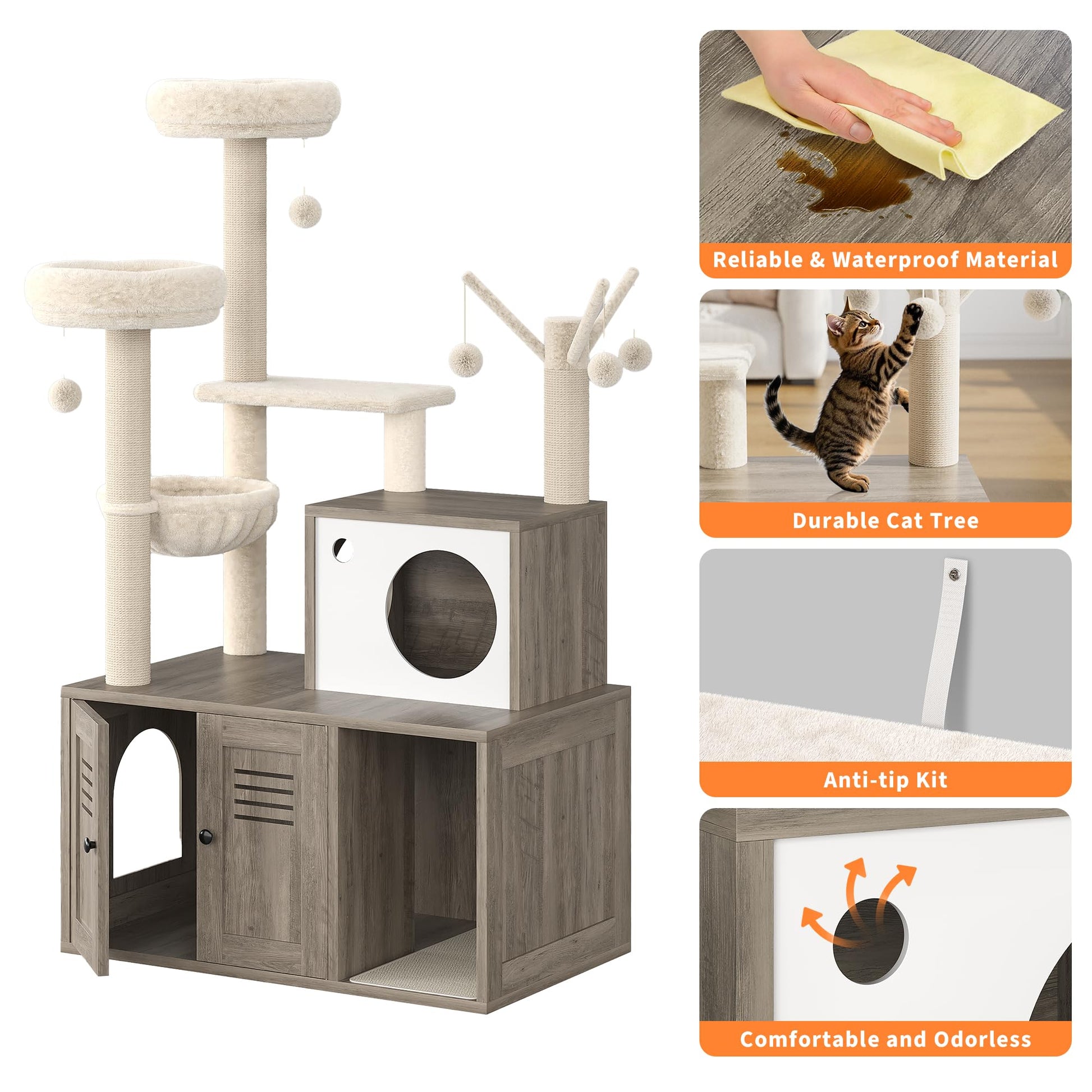Meuble pour chat Garvee en bois avec bac à litière dissimulé, griffoir et hamac pour chats de petite et moyenne taille, plusieurs niveaux, gris rustique, salon