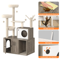 Meuble pour chat Garvee en bois avec bac à litière dissimulé, griffoir et hamac pour chats de petite et moyenne taille, plusieurs niveaux, gris rustique, salon