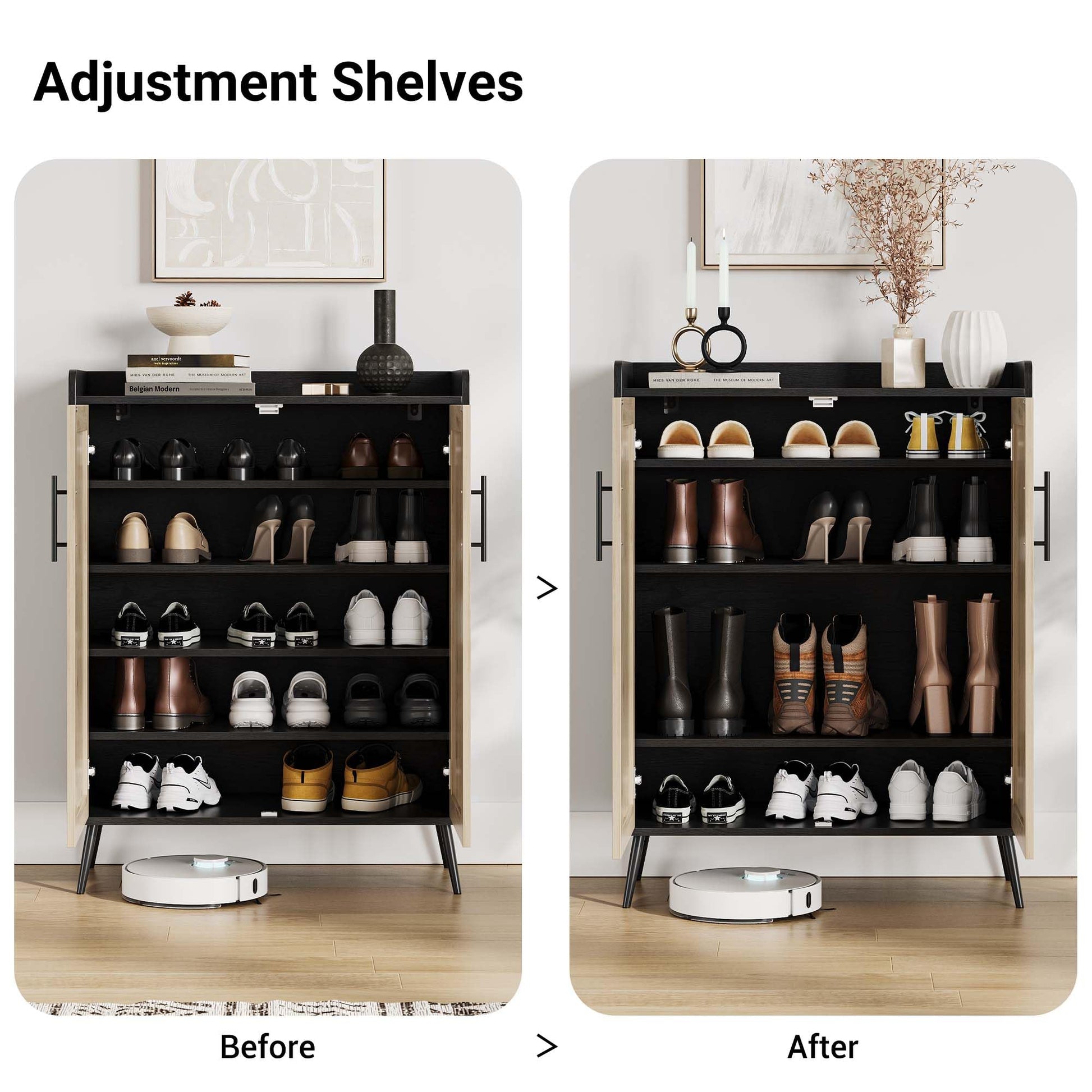 Meuble à chaussures Garvee en rotin, 5 niveaux avec portes, étagères réglables, pieds en métal, noir, pour entrée et salon, grand format, robuste