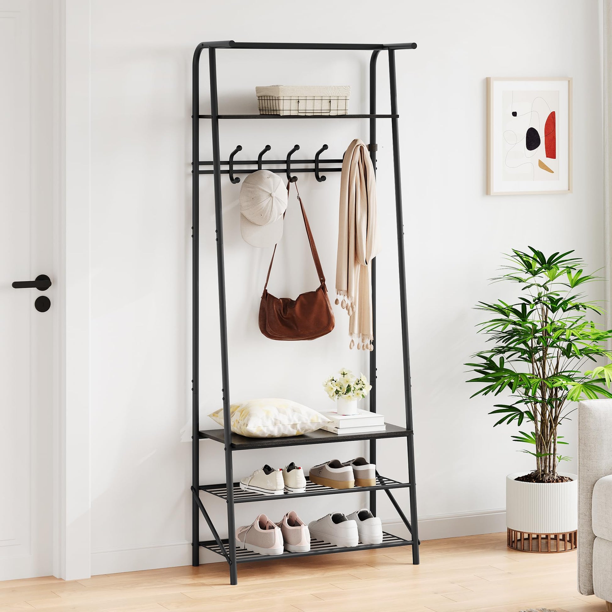 Banc d'entrée multifonctionnel Garvee 4 en 1 – Structure en métal, aspect bois, range-chaussures, noir, idéal pour l'entrée et le salon