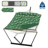 Garvee Hamac Double Portable 2 Personnes Avec Oreiller, Support Acier Ajustable, Jardin, Plage, Camping, Léger, Durable - Vert motif feuille de bananier