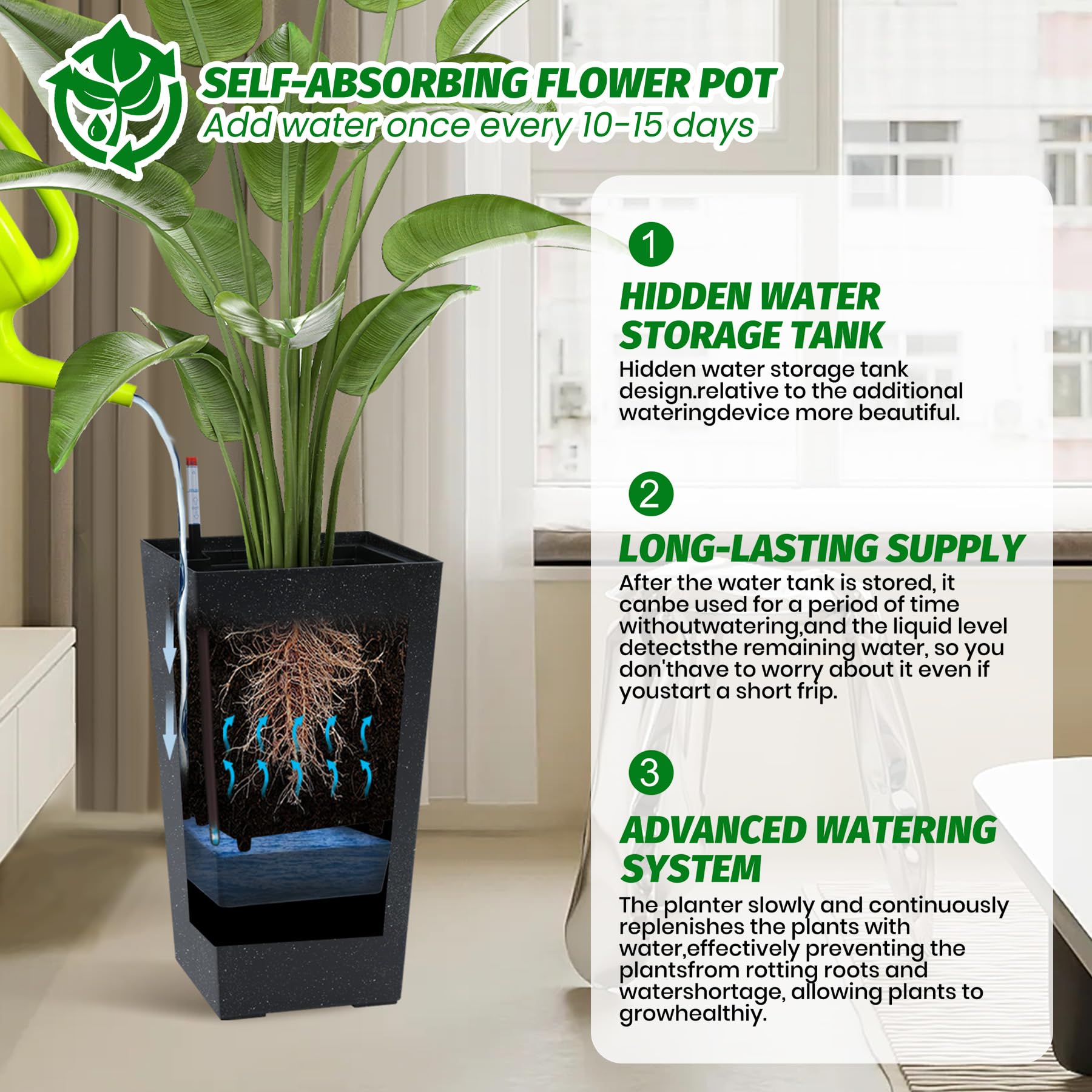 Garvee Lot de 2 jardinières de 57 cm de haut avec arrosage automatique et indicateur de niveau d'eau pour balcon et terrasse, à pois noirs et blancs, en plastique résistant aux intempéries
