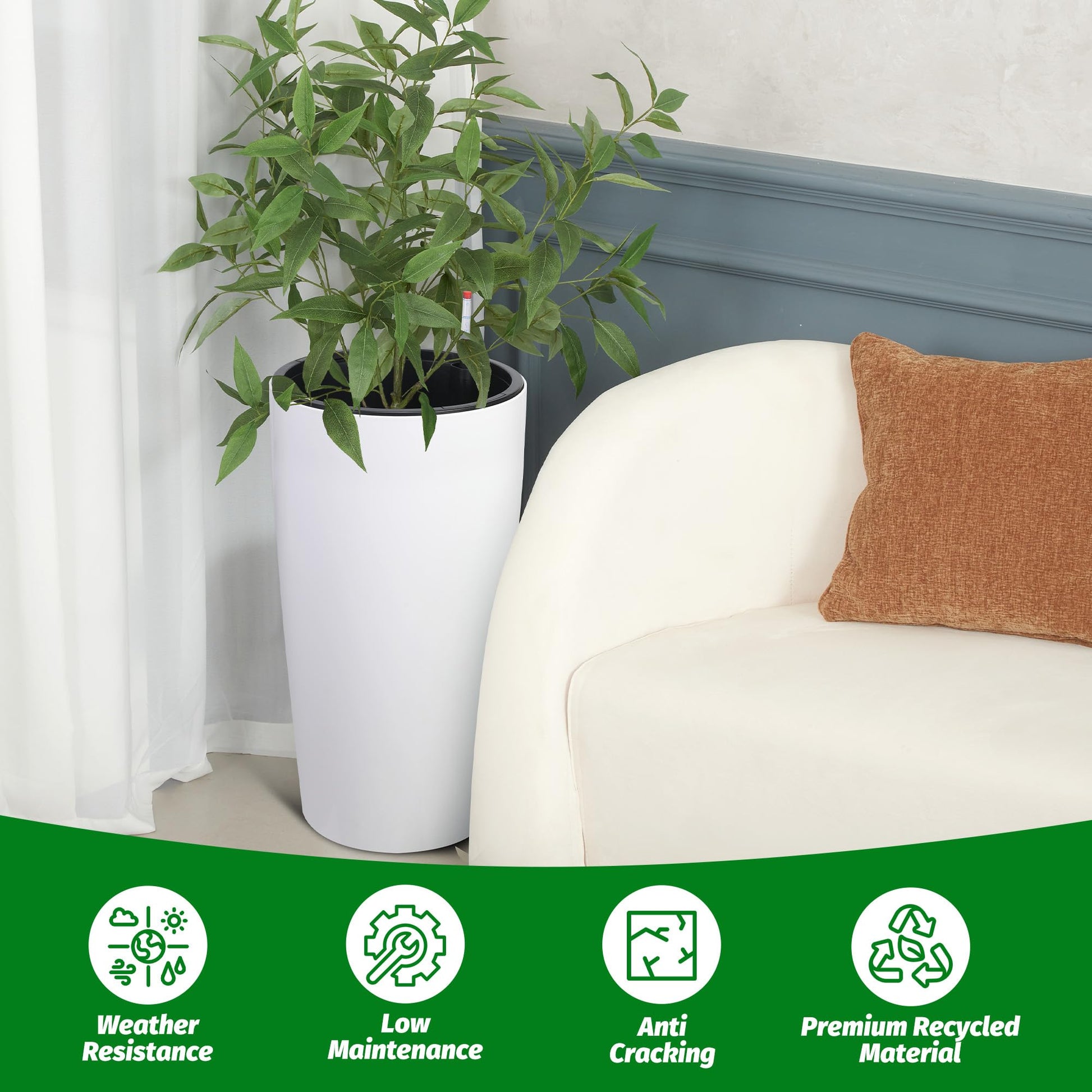 Garvee Lot de 2 jardinières d'extérieur de 76 cm de haut avec indicateur de niveau d'eau et arrosage automatique pour terrasse et jardin, en plastique résistant aux intempéries, noir