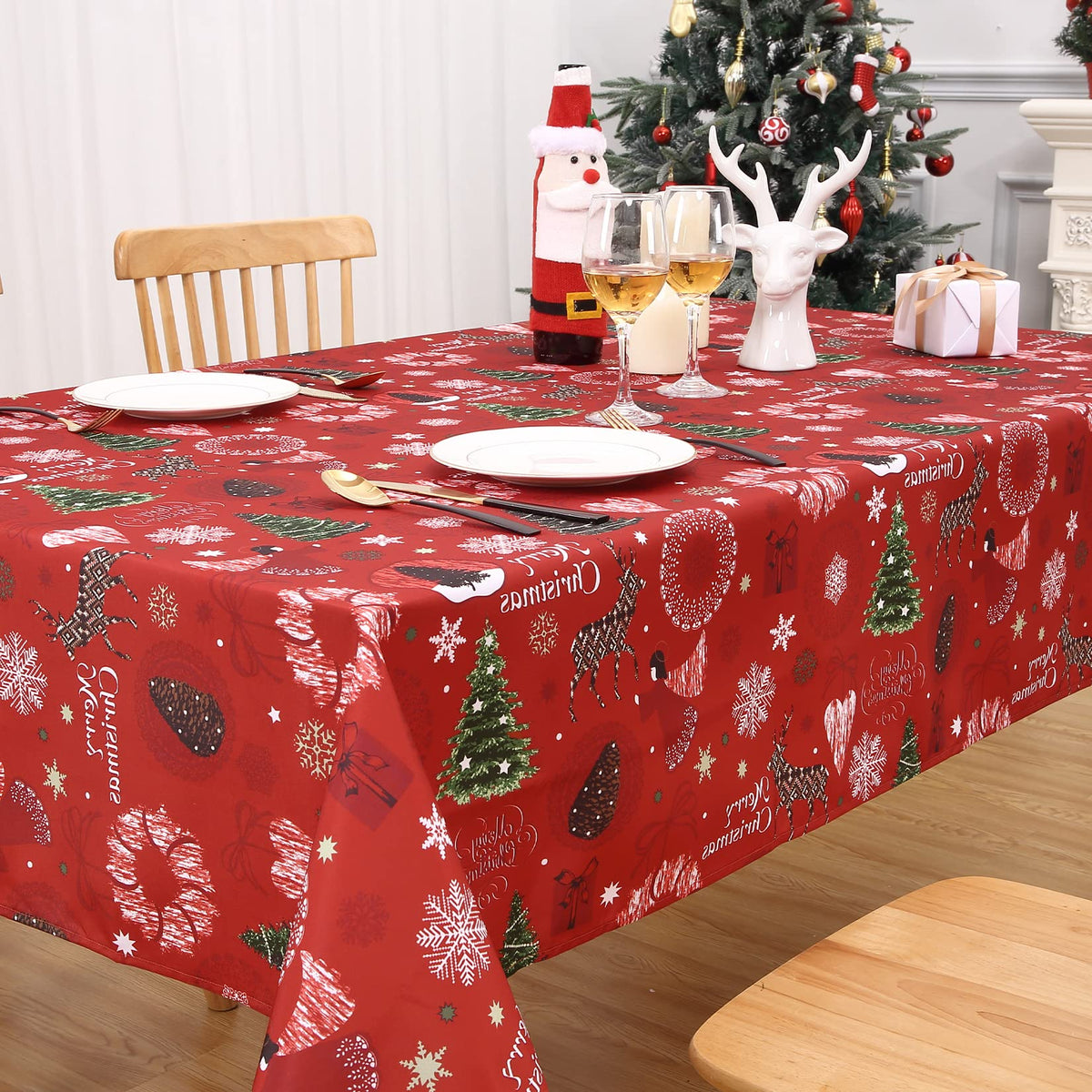 Garvee Nappe de Noël, polyester, résistante à l'huile et aux taches, lavable, pour l'intérieur et l'extérieur, motif de Noël, rouge, 132 × 229 cm