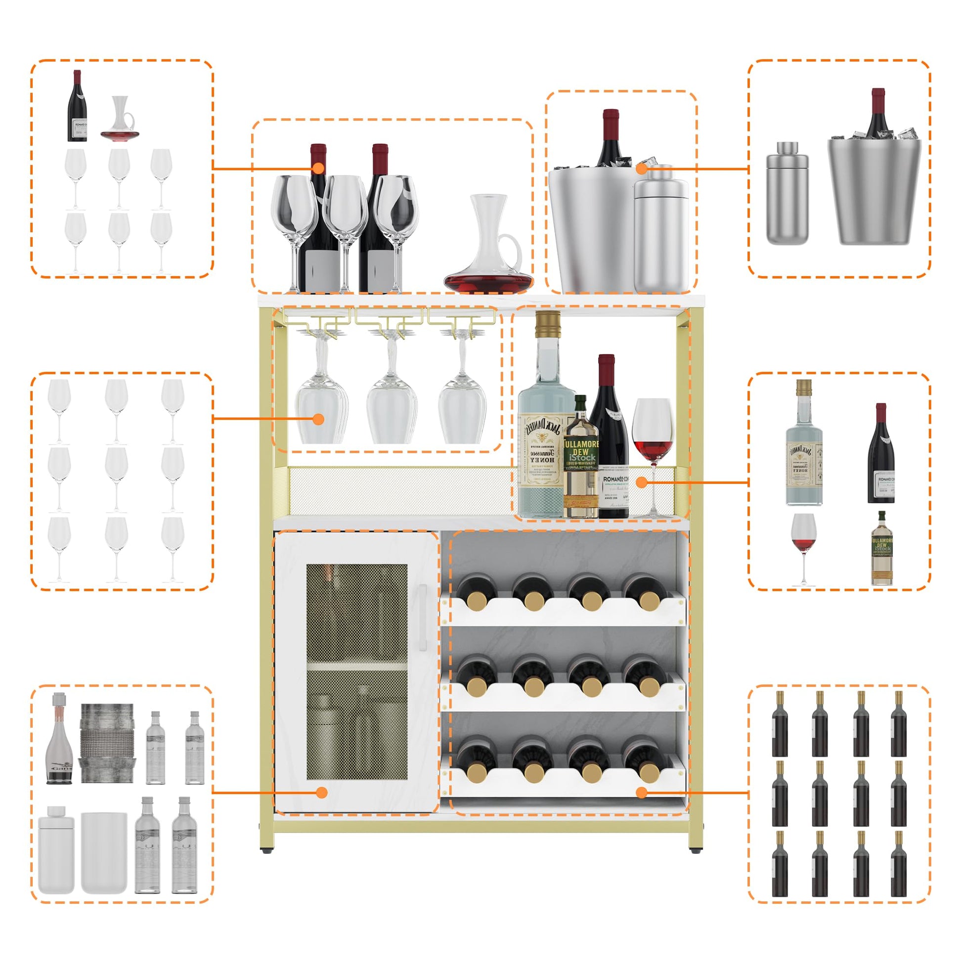Garvee Meuble bar cave à vin 69 x 35 x 92 cm, casier à bouteilles amovible, porte-verres, structure MDF et fer doré, idéal pour salon, salle à manger et bar.