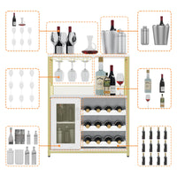 Garvee Meuble bar cave à vin 69 x 35 x 92 cm, casier à bouteilles amovible, porte-verres, structure MDF et fer doré, idéal pour salon, salle à manger et bar.