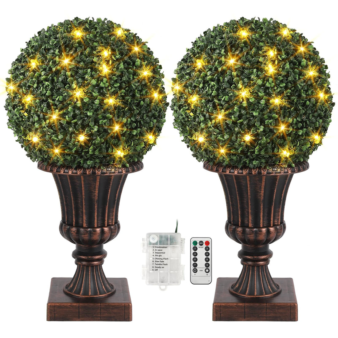 Garvee Boules de buis artificielles 40 cm avec éclairage LED et base dorée, décoration verte pour jardin, terrasse et balcon