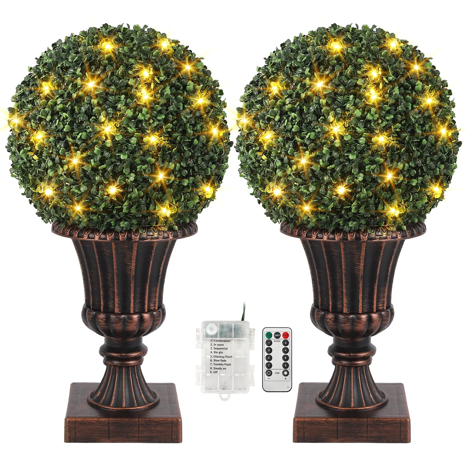 Garvee Boules de buis artificielles 40 cm avec éclairage LED et base dorée, décoration verte pour jardin, terrasse et balcon