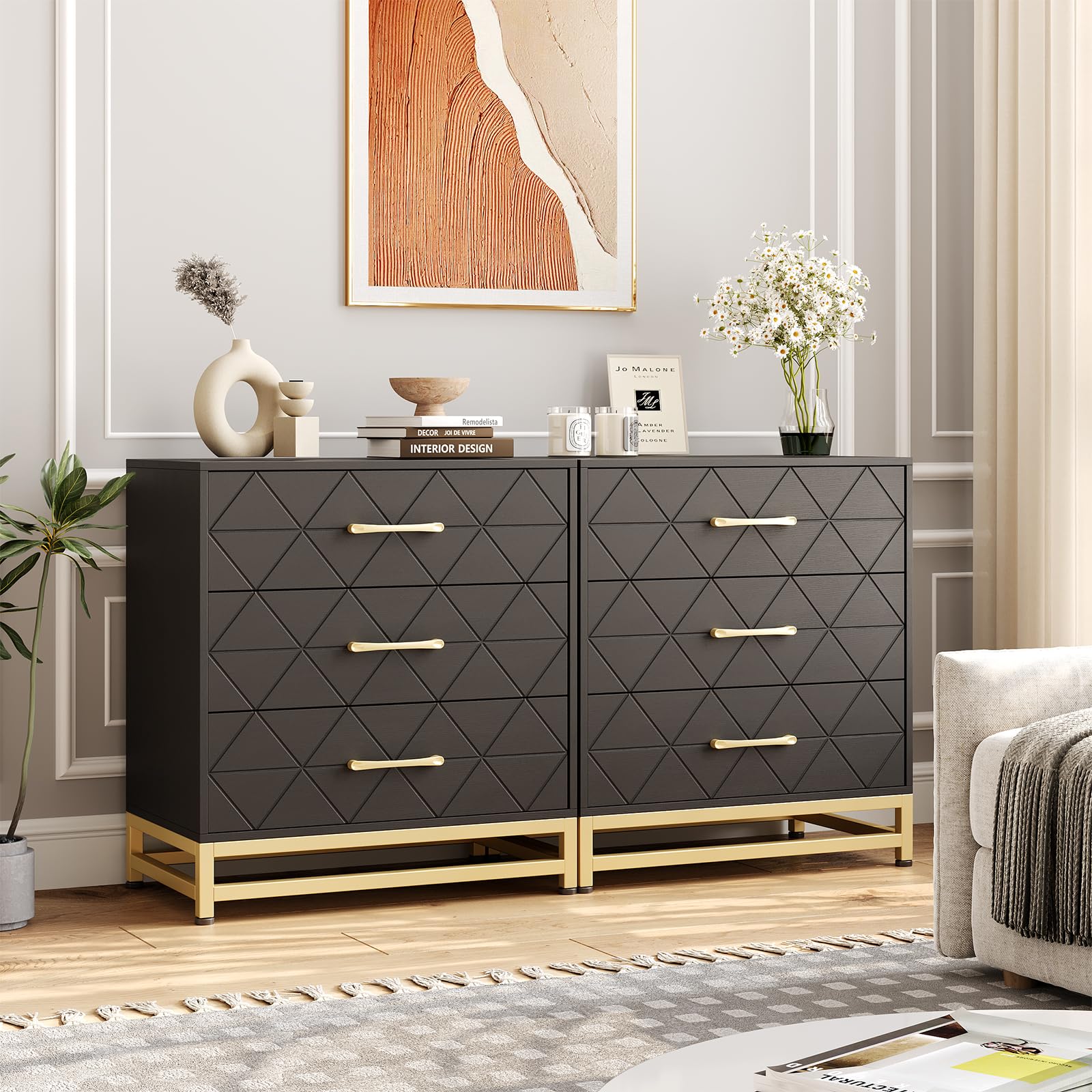 Garvee commode en bois pour chambre, 3 tiroirs, MDF, noir, moderne, robuste, gain de place, salon, couloir