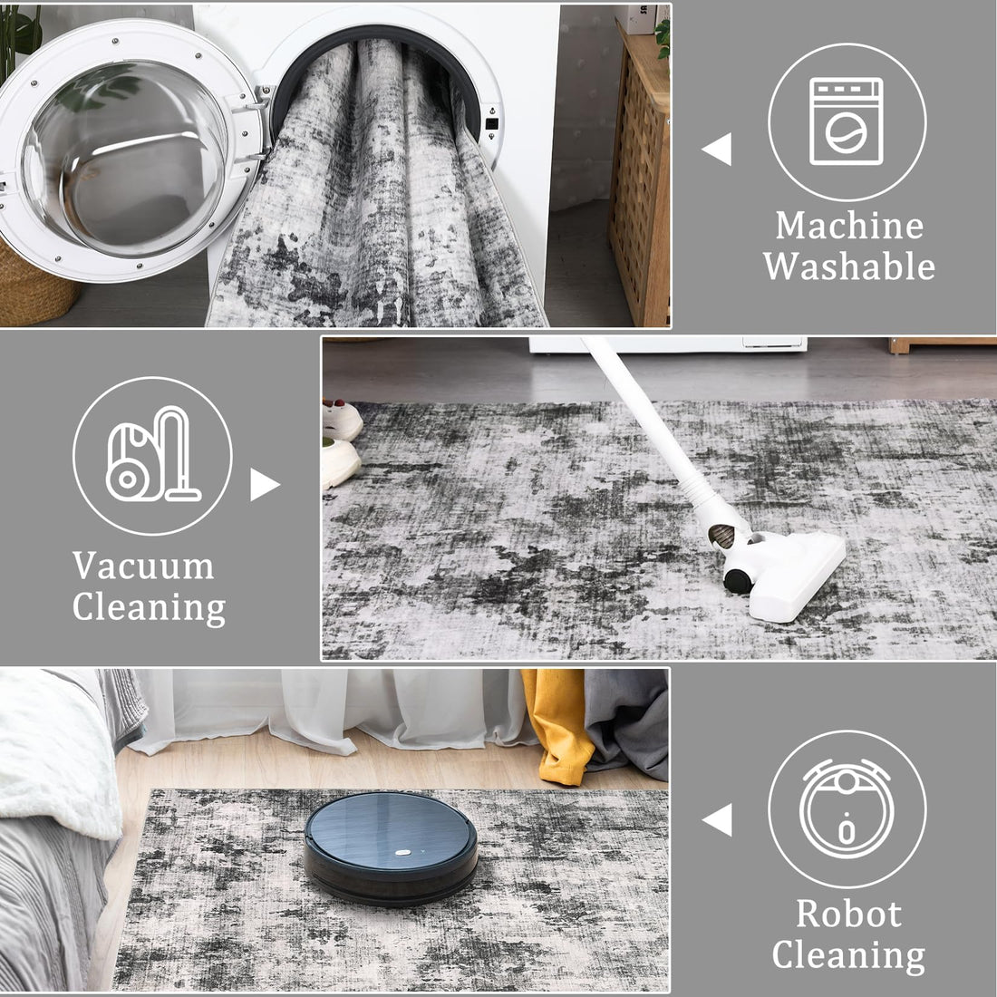 Tapis Garvee lavable à poils courts pour salon et chambre, 80 x 150 cm, gris, antidérapant et facile à nettoyer