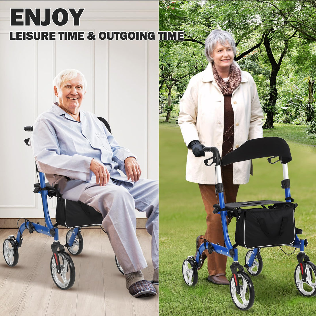 Garvee Déambulateur fauteuil 2 en 1 pour adulte, aluminium aérospatial léger, pliable et réglable, sans amortisseurs, roues à noyau argent, usage médical et extérieur, bleu et noir