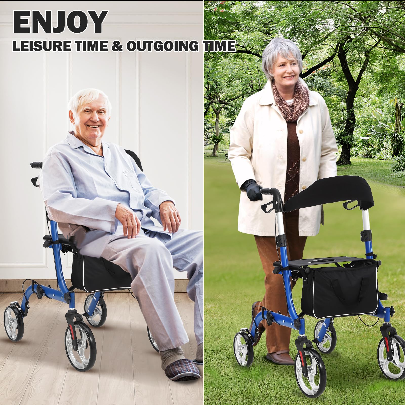 Garvee Déambulateur fauteuil 2 en 1 pour adulte, aluminium aérospatial léger, pliable et réglable, sans amortisseurs, roues à noyau argent, usage médical et extérieur, bleu et noir