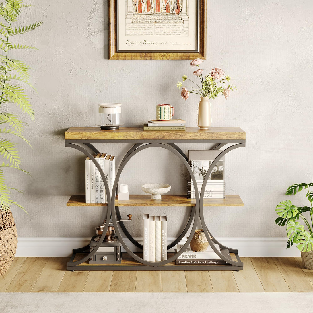 Console d'entrée industrielle Garvee 99 cm (39 po) avec étagères en bois à 3 niveaux, structure circulaire en métal, robuste pour couloir et salon, profondeur de 30 cm (11,8 po), noire