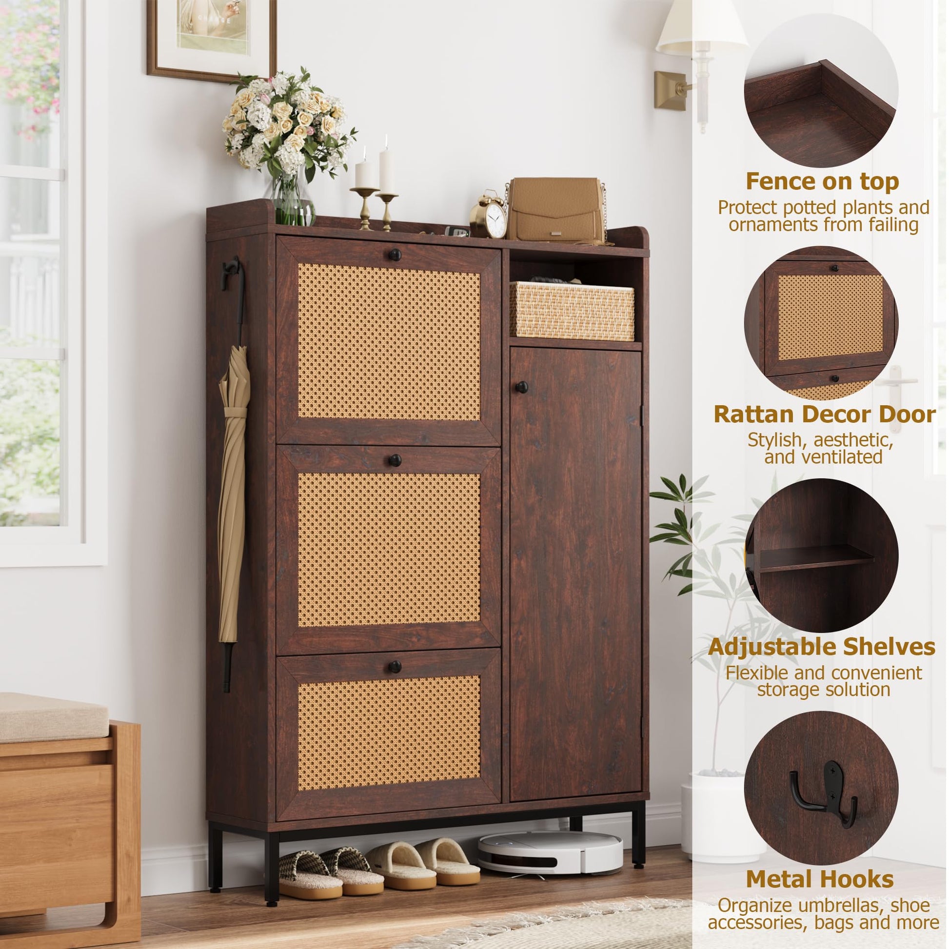 Garvee Meuble à chaussures en rotin avec 3 tiroirs abattants, étagères réglables, structure en MDF, pieds en métal, idéal pour l'entrée et le couloir, grand format, couleur naturelle