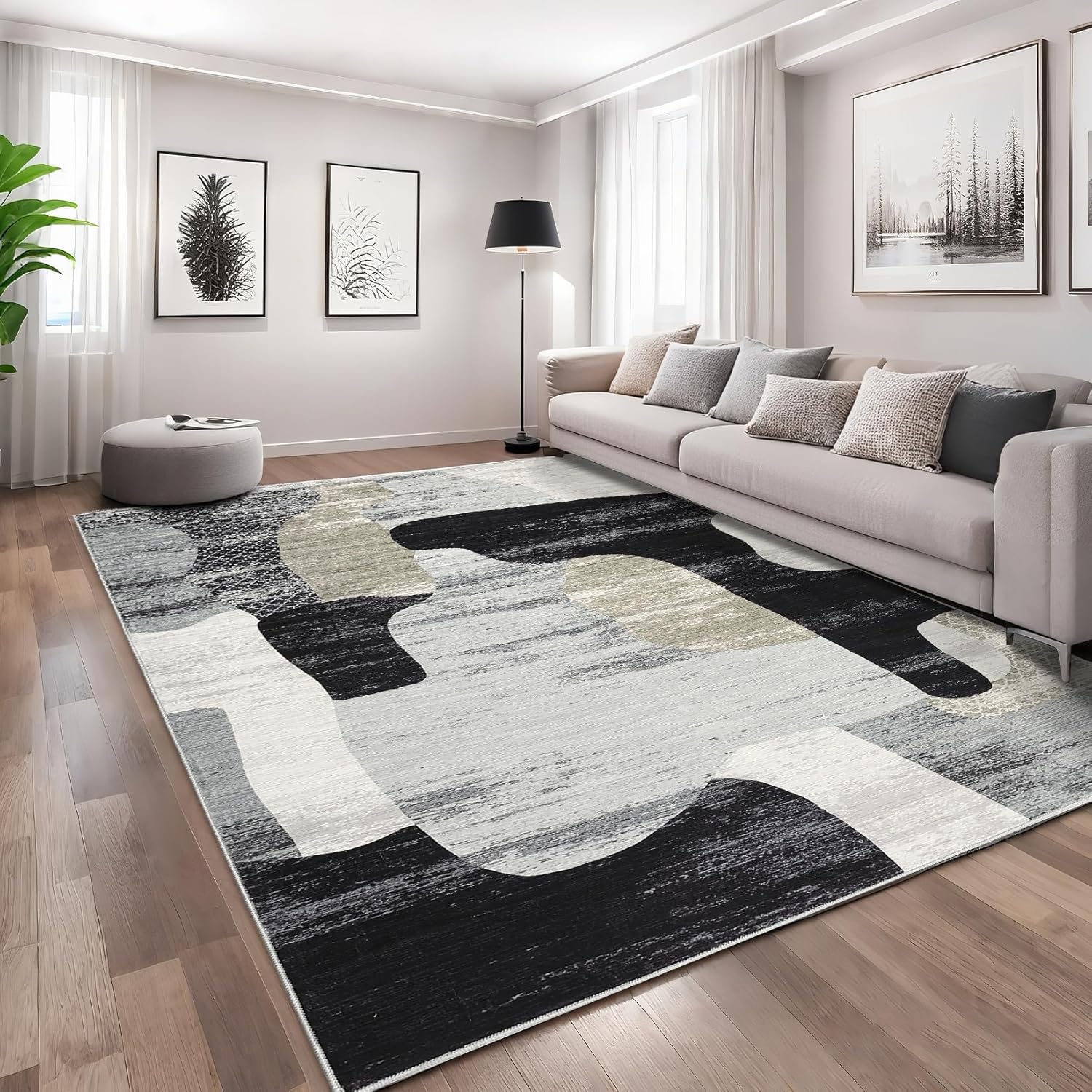 Tapis de salon moderne abstrait Garvee 160 x 230 cm, poils courts, antidérapant, lavable, pour salon et bureau