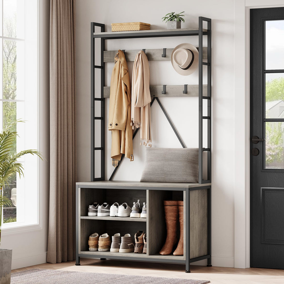 Garvee Porte-manteau avec banc et armoire 5 en 1, organisateur pour couloir et entrée, en bois, réglable et robuste