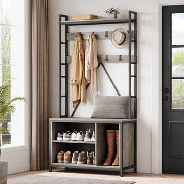 Garvee Porte-manteau avec banc et armoire 5 en 1, organisateur pour couloir et entrée, en bois, réglable et robuste