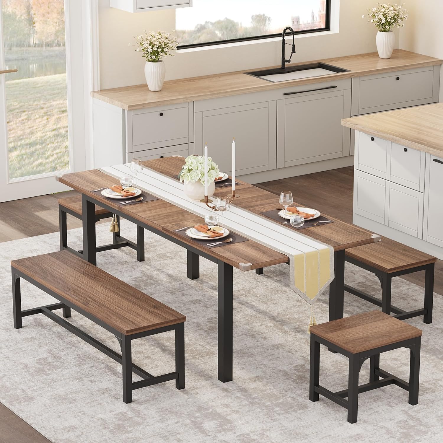 Ensemble table et chaises extensibles Garvee pour 6 à 8 personnes, structure en métal et plateau en MDF, 160 cm (63 pouces), noir industriel, idéal pour la cuisine et la salle à manger.