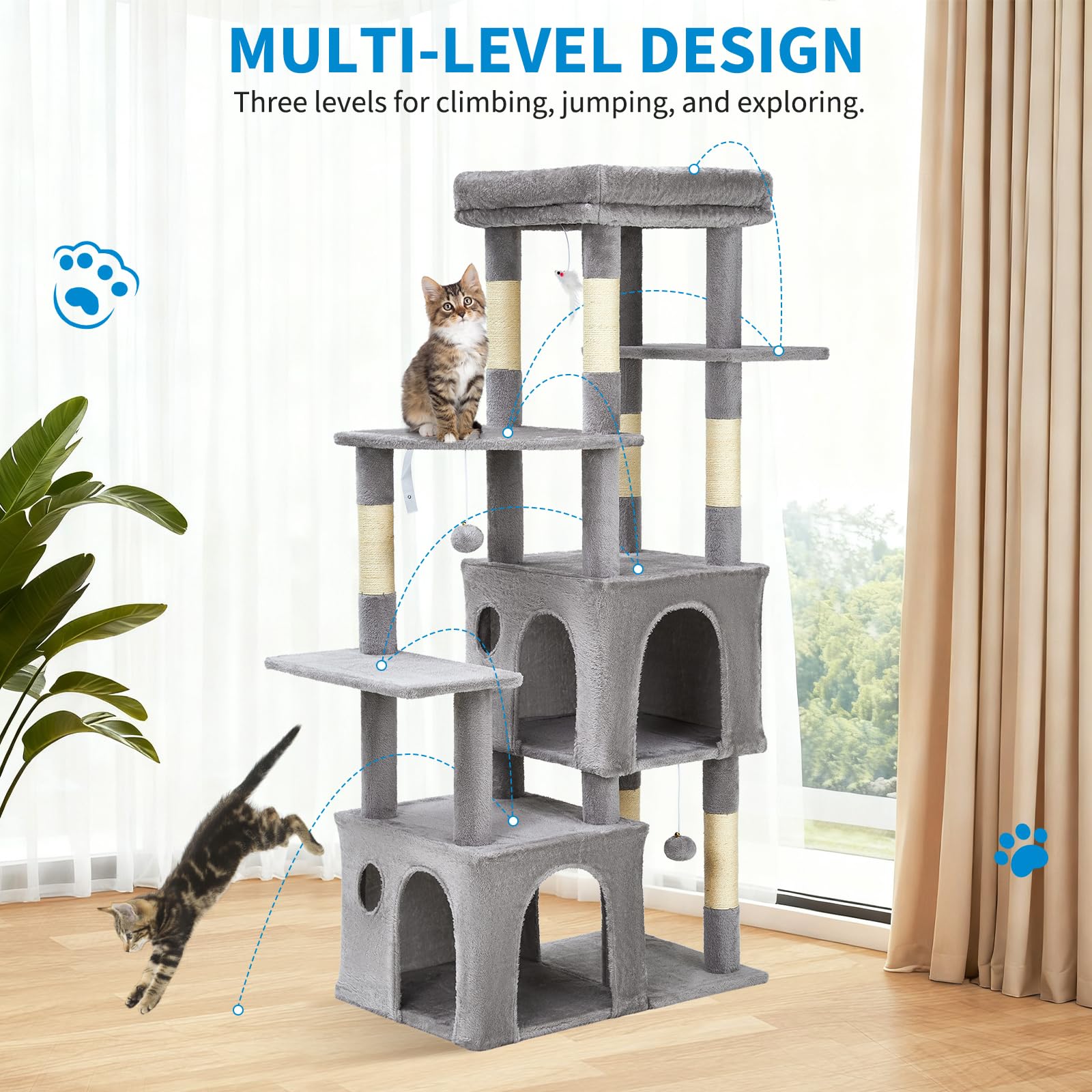 Garvee Arbre à Chat 155 cm Multi-Niveaux pour Grands Chats, Tour Résistante avec Grande Plateforme, Gris Clair