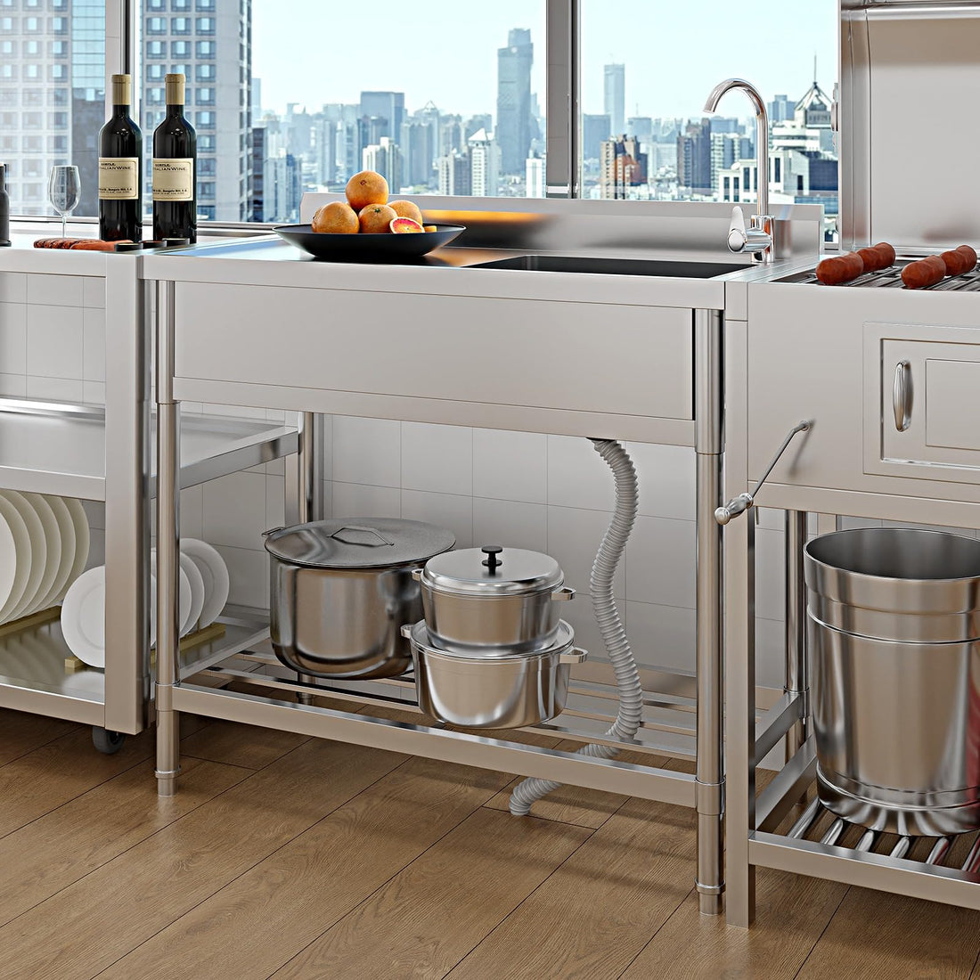 Garvee Évier sur Pieds 1 Bac en Inox 304, L. 99 × P. 50 cm, avec Robinet Pivotant à 360°, Finition Polie, pour Cuisine Extérieure