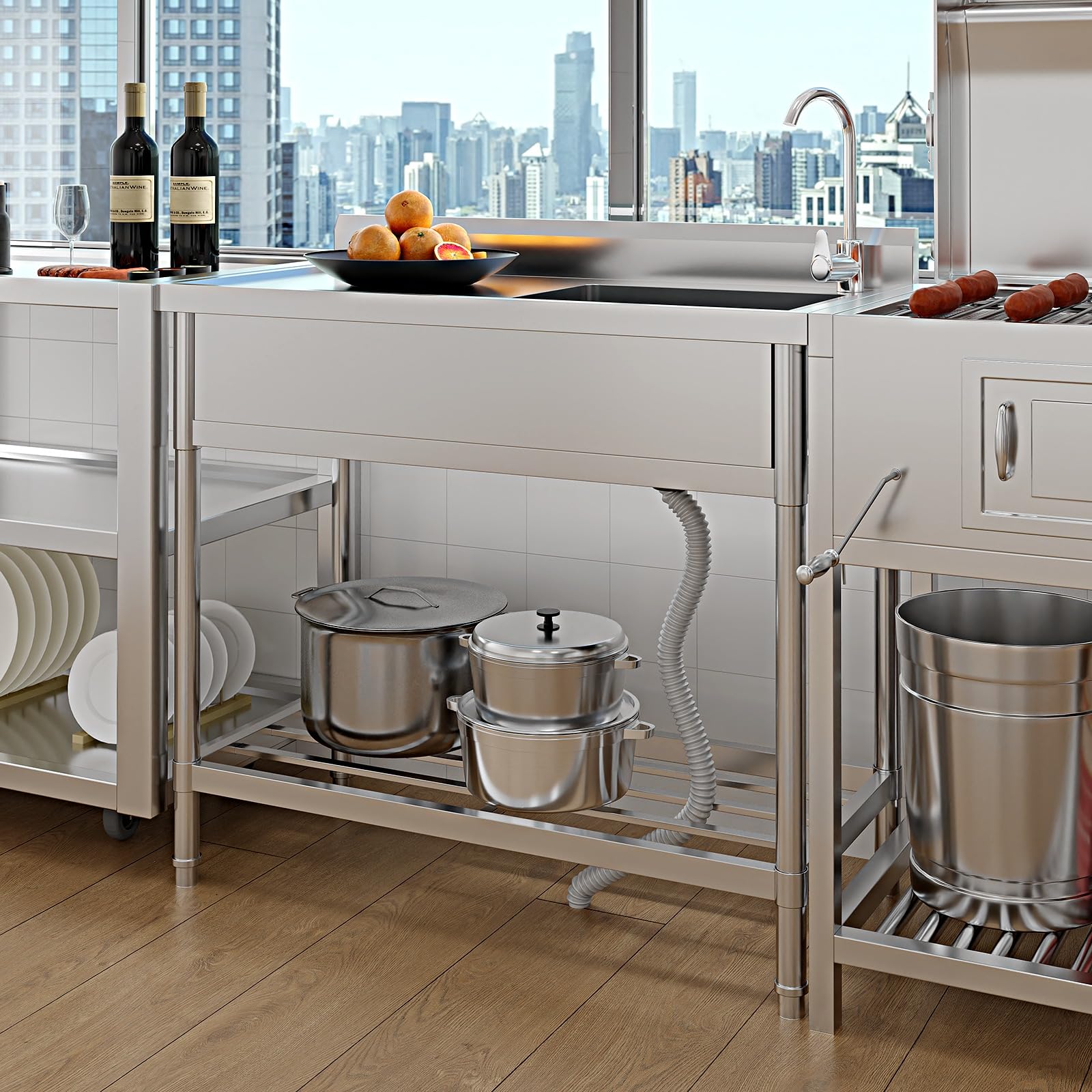 Garvee Évier sur Pieds 1 Bac en Inox 304, L. 119 × P. 51 × H. 94 cm, avec Robinet Pivotant et Pieds Réglables, pour Cuisine, Buanderie et Usage Professionnel