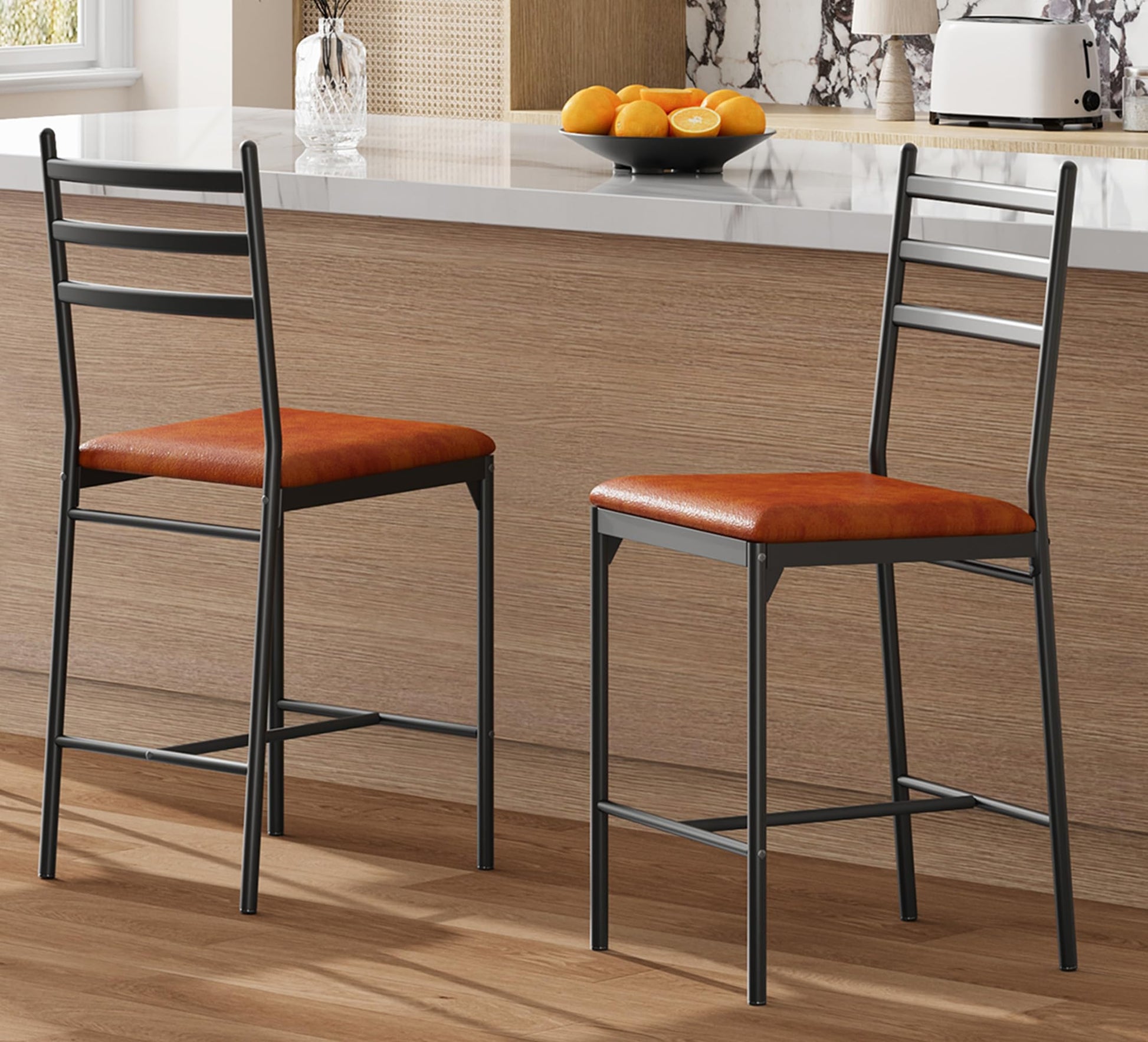 Ensemble de 2 tabourets de bar Garvee, en métal, revêtus de cuir PU marron, pour la cuisine et le bar, ergonomiques