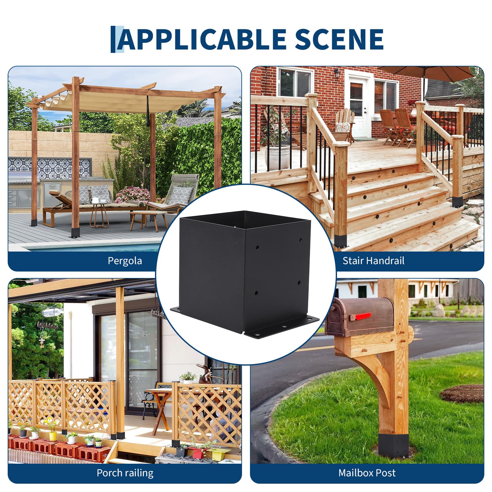 Garvee Lot de 4 bases de poteau 15 × 15 cm en acier 2 mm, finition thermolaquée noire, pour pergola, terrasse et deck