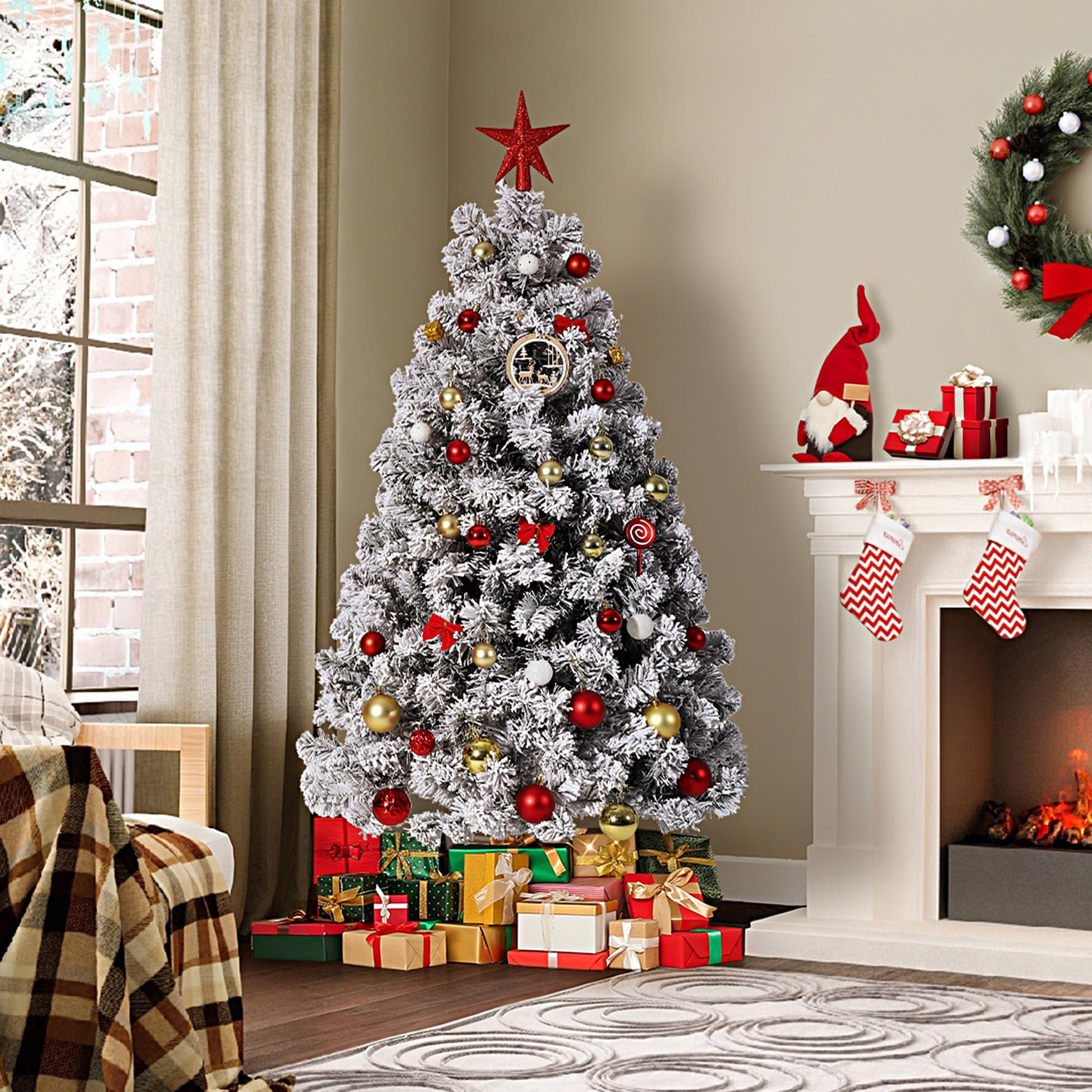 Sapin de Noël artificiel Garvee de 180 cm avec 250 LED, branches en PE/PVC, idéal pour un salon standard et un éclairage festif.