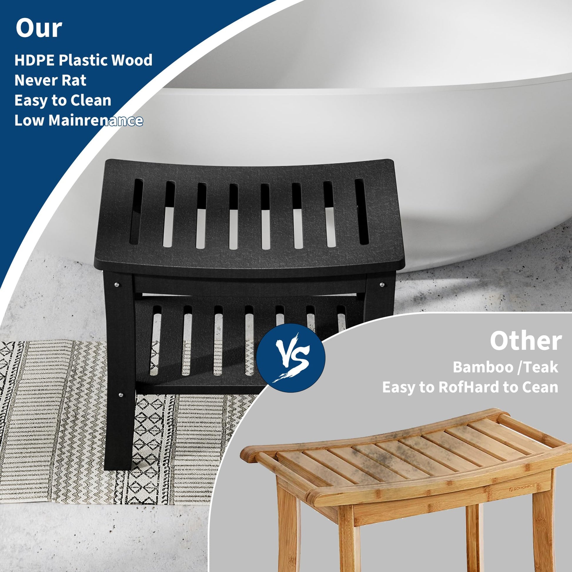 Banc de douche Garvee en PEHD avec étagère pour salle de bain et baignoire, noir, aspect bois, imperméable, résistant aux rayures