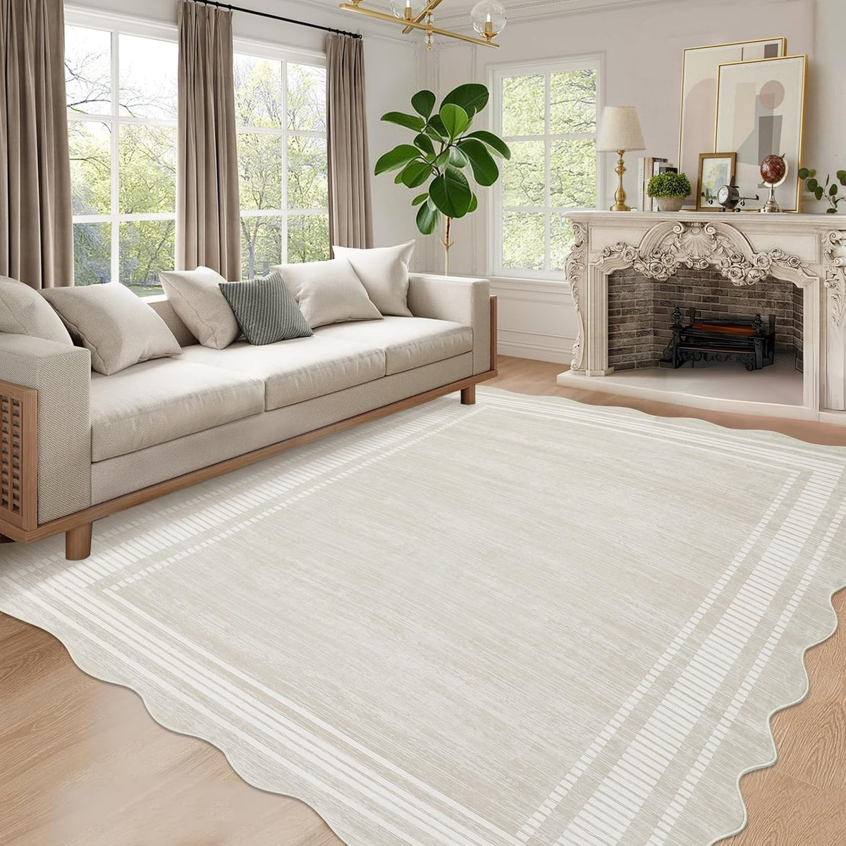 Garvee Tapis lavable festonné 152 x 213 cm, couleur crème, pour le salon et le bureau. Design moderne, antidérapant