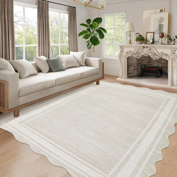 Garvee Tapis lavable festonné 152 x 213 cm, couleur crème, pour le salon et le bureau. Design moderne, antidérapant