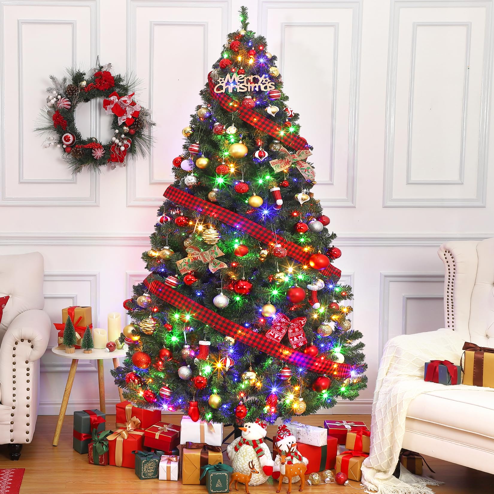 Sapin de Noël artificiel Garvee 180 cm – 250 LED, sapin en PVC, Ø 114 cm, vert, pied en métal