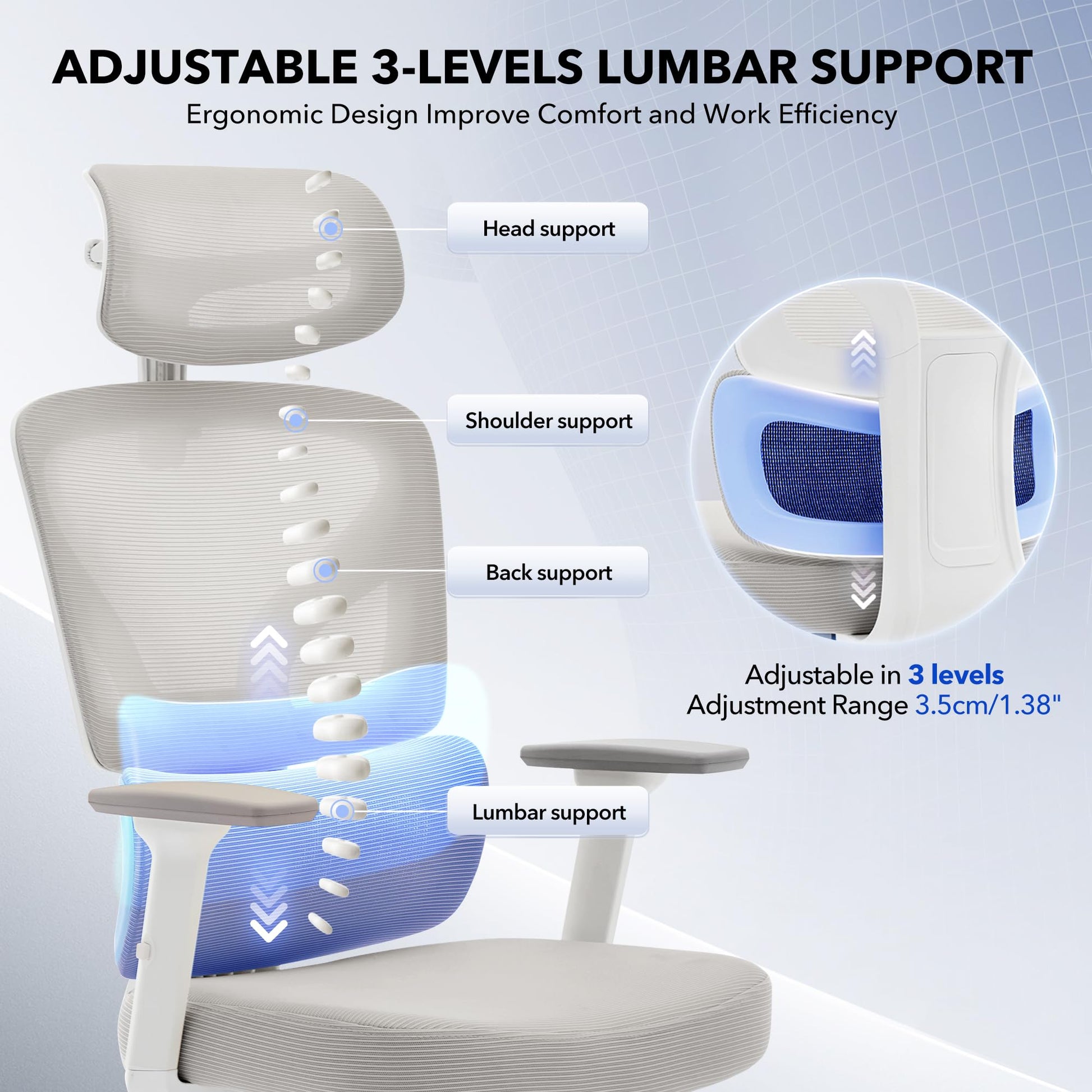 Chaise de bureau ergonomique Garvee en maille avec soutien lombaire réglable, accoudoirs 3D, structure en métal, hauteur réglable, noire, pour bureau à domicile