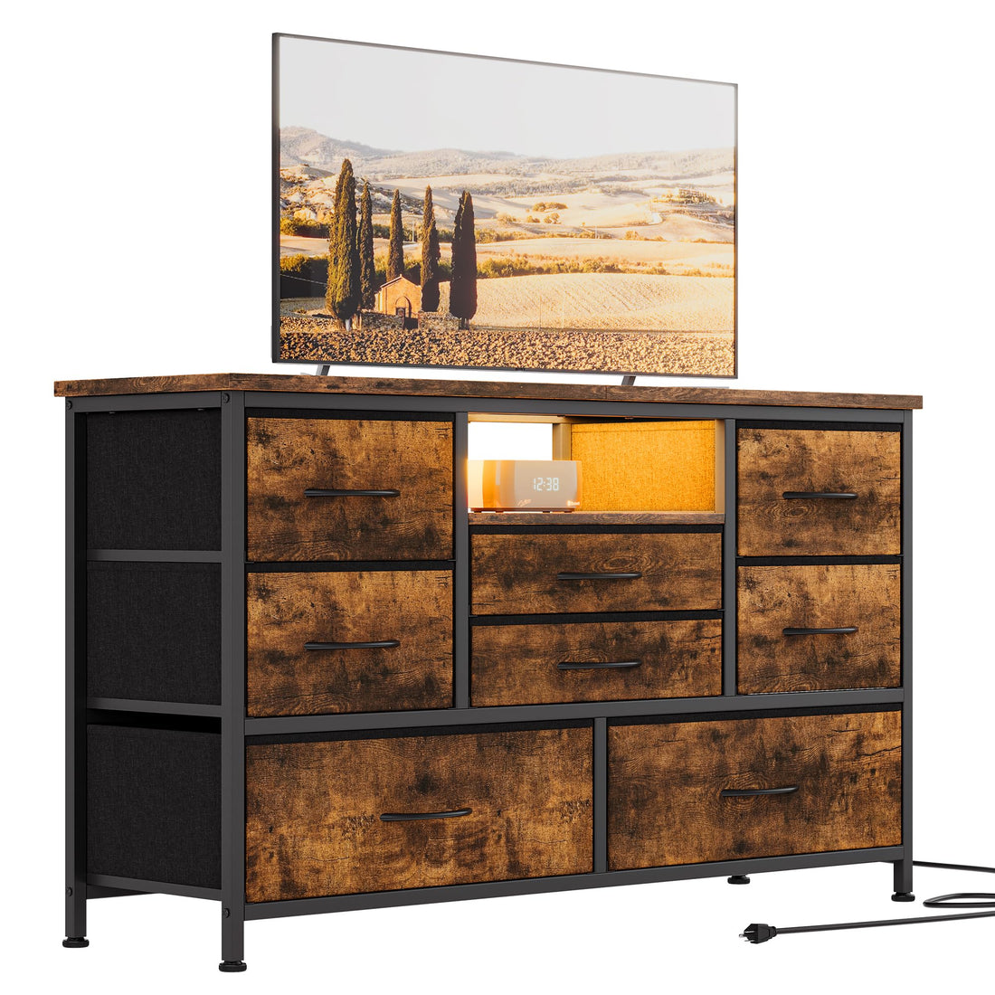 Meuble TV Garvee à 8 tiroirs, éclairage LED, prises électriques intégrées pour le salon et la chambre, en MDF résistant aux rayures, avec système de gestion des câbles.