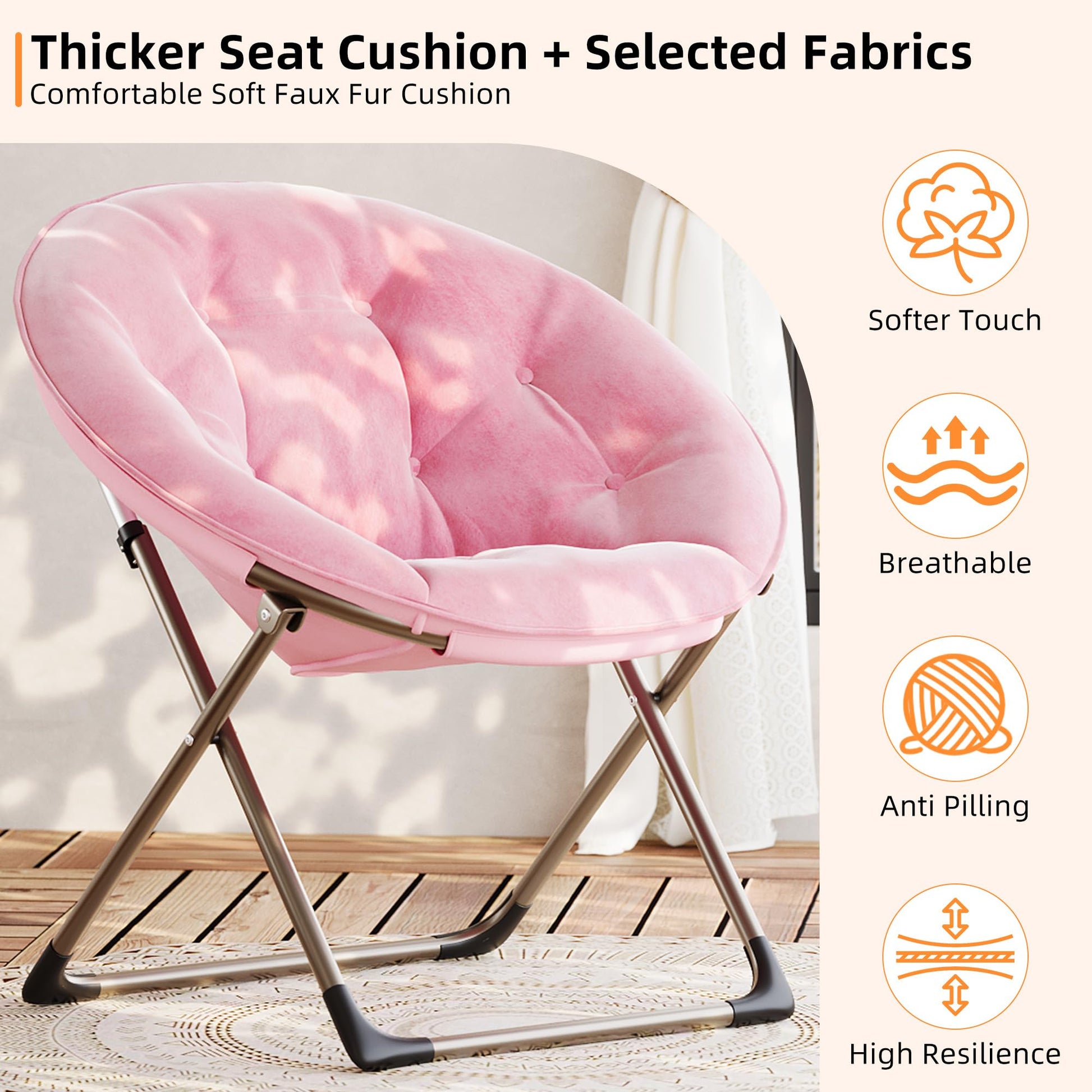Fauteuil rond Garvee en fausse fourrure, style lune, avec structure métallique pliable, idéal pour la chambre et le salon. Assise surdimensionnée en peluche à motifs floraux. Robuste, léger et confortable.