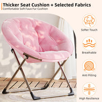 Fauteuil rond Garvee en fausse fourrure, style lune, avec structure métallique pliable, idéal pour la chambre et le salon. Assise surdimensionnée en peluche à motifs floraux. Robuste, léger et confortable.