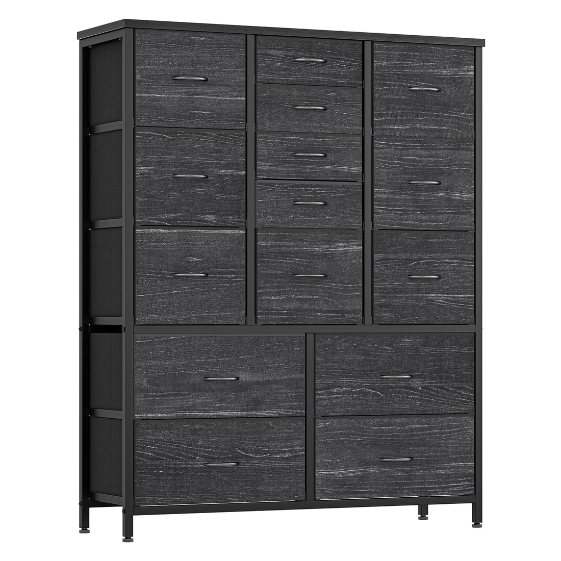 Commode Garvee à 15 tiroirs en tissu avec poignées, idéale pour la chambre, le salon ou l'entrée. Structure métallique robuste et polyvalente. Couleur : gris.