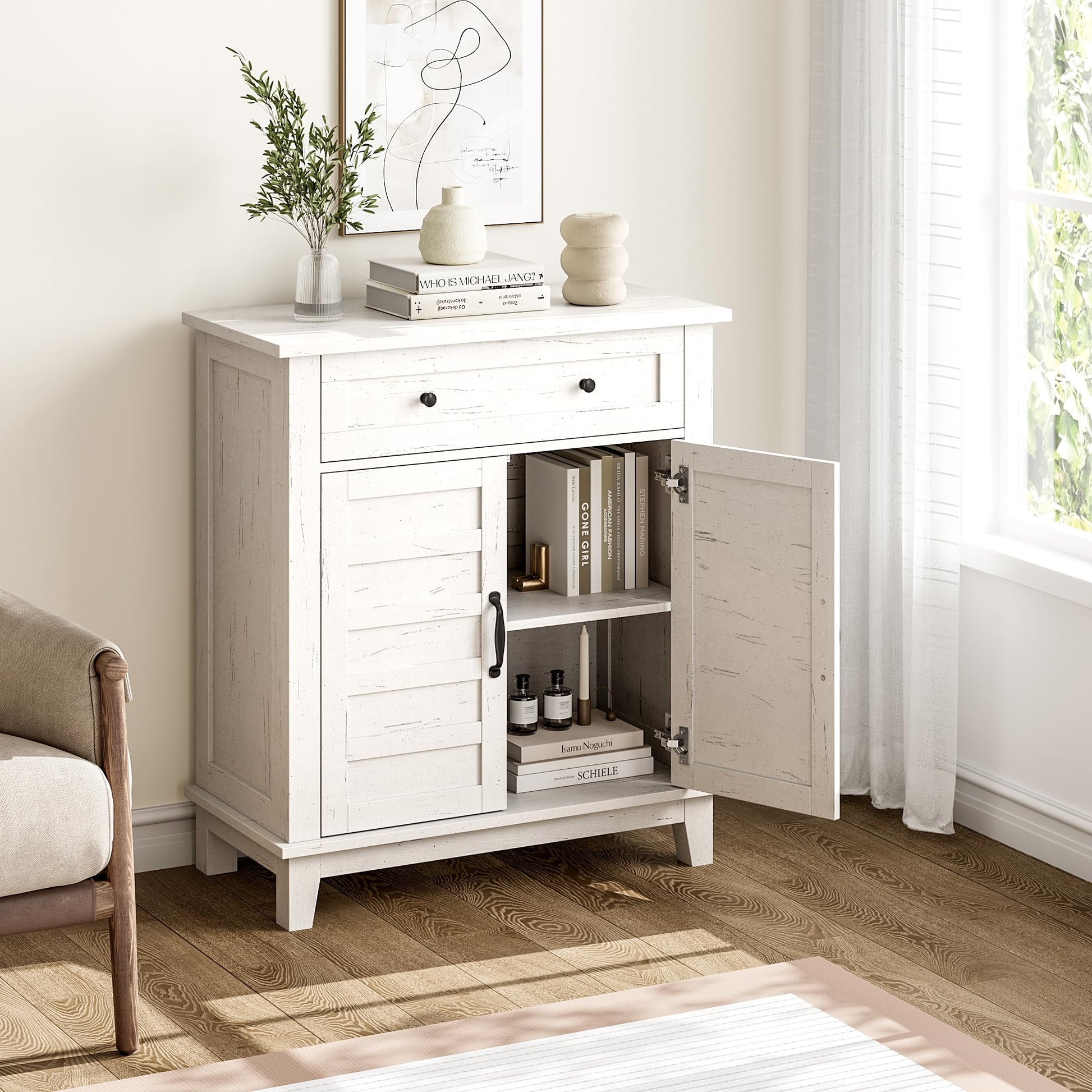Garvee Armoire de rangement style ferme, étagère réglable à 3 niveaux, 7 vitesses, blanche, pour cuisine et entrée, 40 × 80 × 91 cm, style rustique