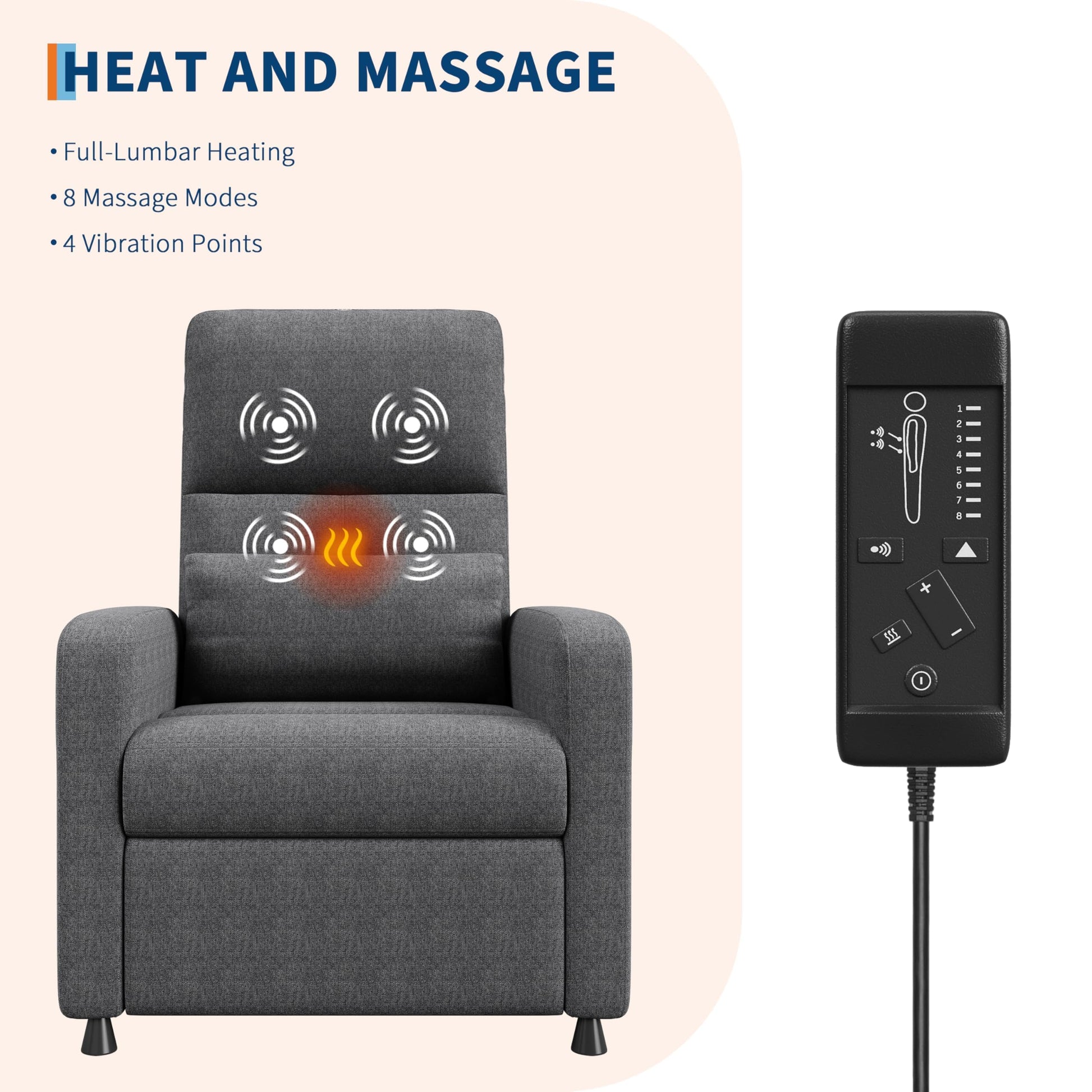Garvee Fauteuil Inclinable Électrique avec Massage et Chauffage, Repose-pieds, Tissu Épais, pour Salon et Chambre, Inclinaison 105°-165°, Gris