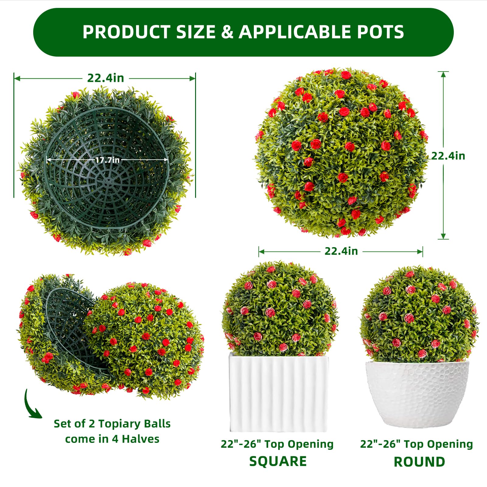 Garvee Lot de 2 boules de buis artificiel de 57 cm (22,4 po) avec fleurs rouges pour balcon et jardin, en polyéthylène résistant aux intempéries, vert