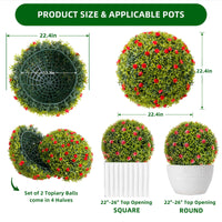 Garvee Lot de 2 boules de buis artificiel de 57 cm (22,4 po) avec fleurs rouges pour balcon et jardin, en polyéthylène résistant aux intempéries, vert