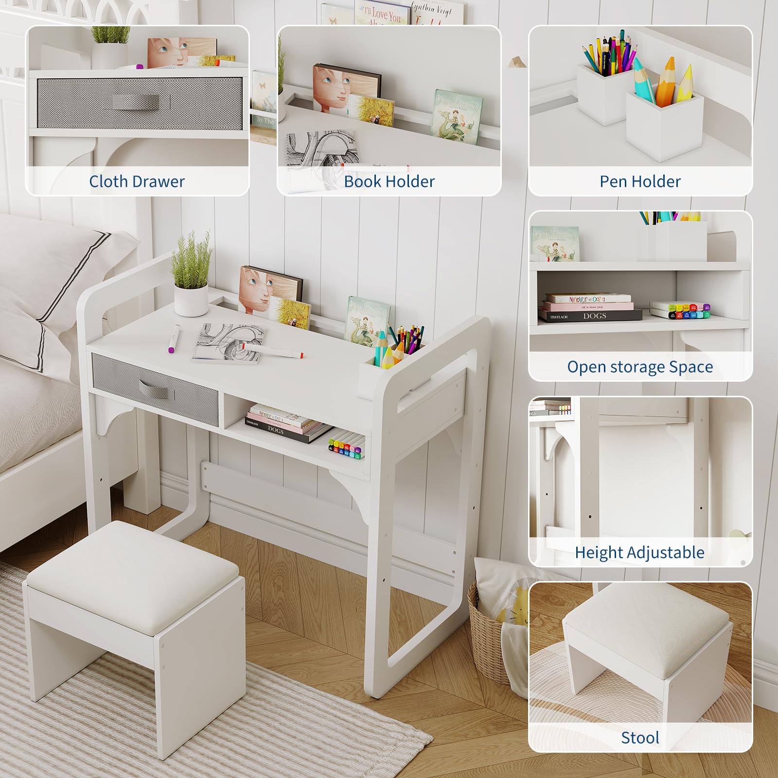 Ensemble bureau et chaise pour enfants Garvee avec rangement, tabouret rembourré en PU, bois, robuste et durable, blanc, chambre et salle de jeux